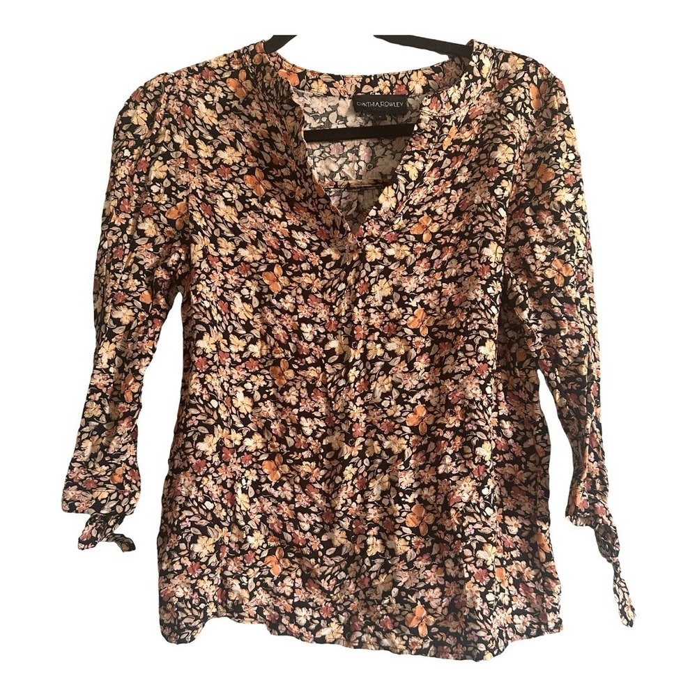 Cynthia Rowley Floral Button Front Blouse Women's Small 100% Rayon Tie Sleeve